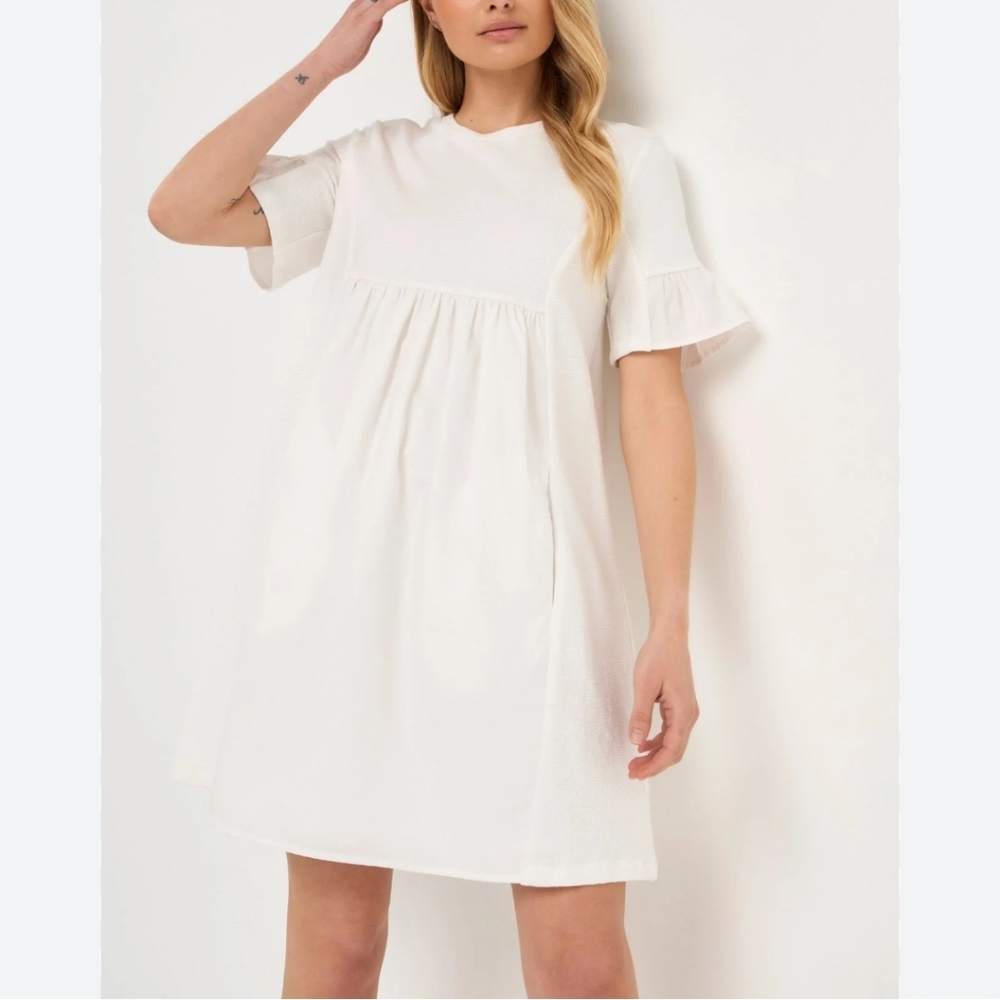 English Factory Mixed media ruffled sleeve white mini dress